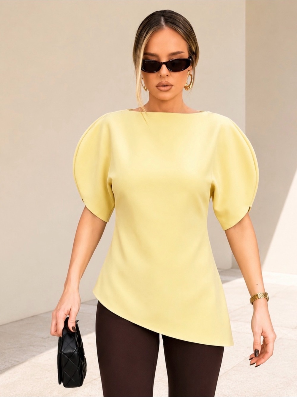Zara Pale Yellow Puff-Sleeve Women's Top